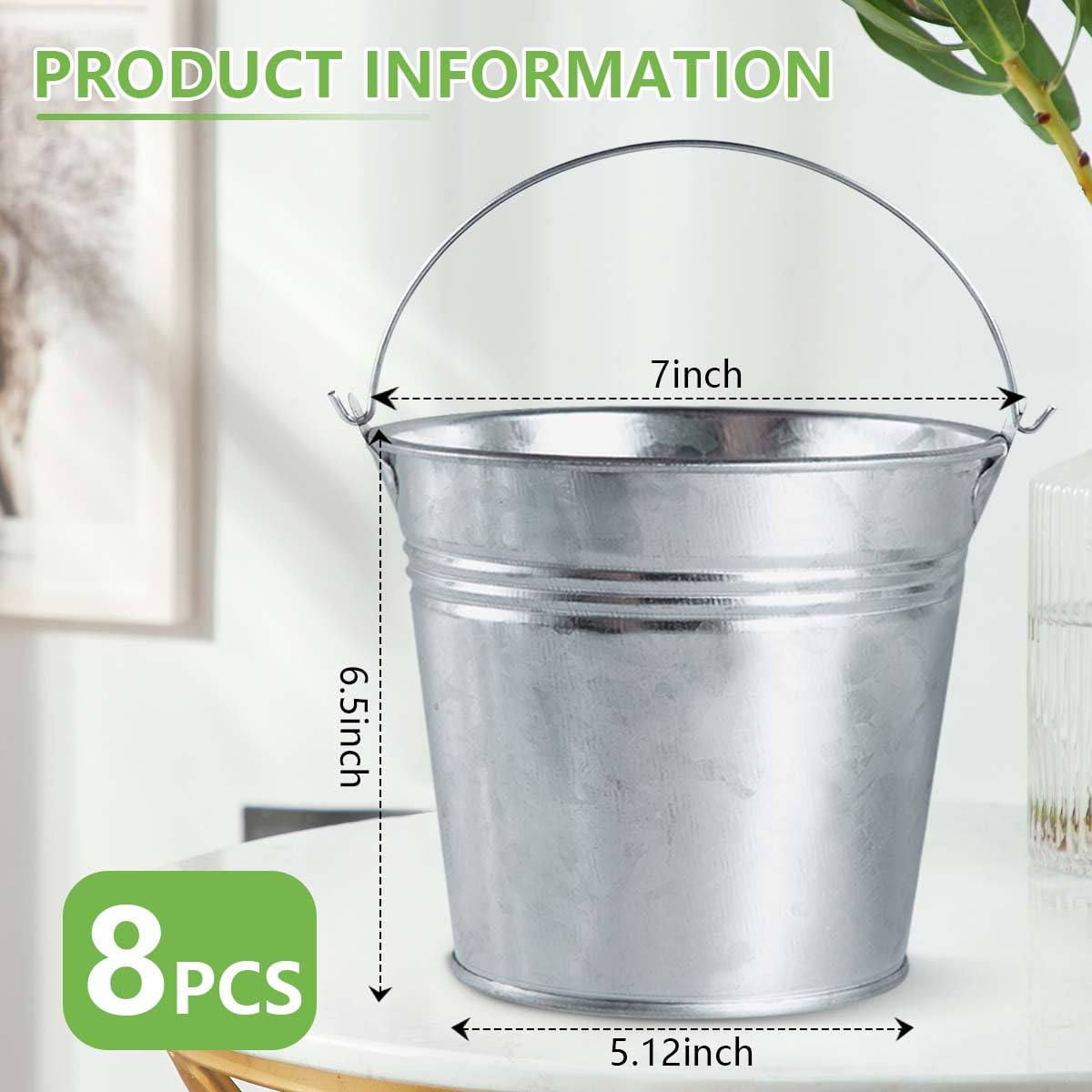 OBTANIM 8 Pack Galvanized Metal Buckets with Handle Ice Pails for Plants, Succulents, Party Favors Organizing, Rustic Home Decor or Classrooms Pencil Storage (7 x 5.1 inch)