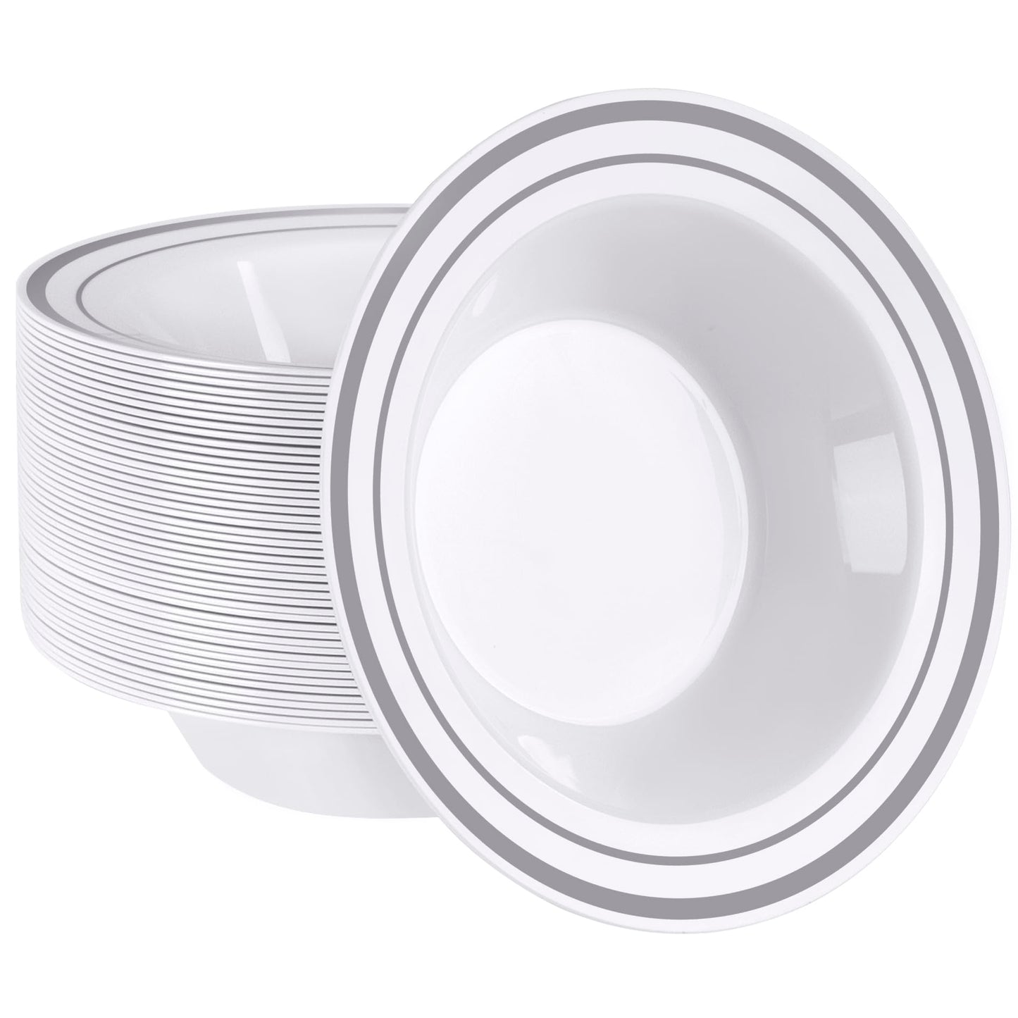 SETUP [12 oz. - 50 Piece Dessert Soup Bowls with Silver Rim, Plastic Bowls Disposable - Premium Heavy-Duty Disposable Soup Bowls for Party, Wedding, and All Occasions