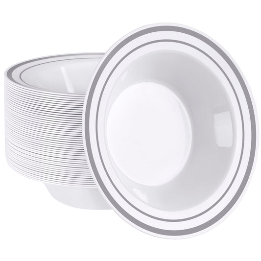 SETUP [12 oz. - 50 Piece Dessert Soup Bowls with Silver Rim, Plastic Bowls Disposable - Premium Heavy-Duty Disposable Soup Bowls for Party, Wedding, and All Occasions