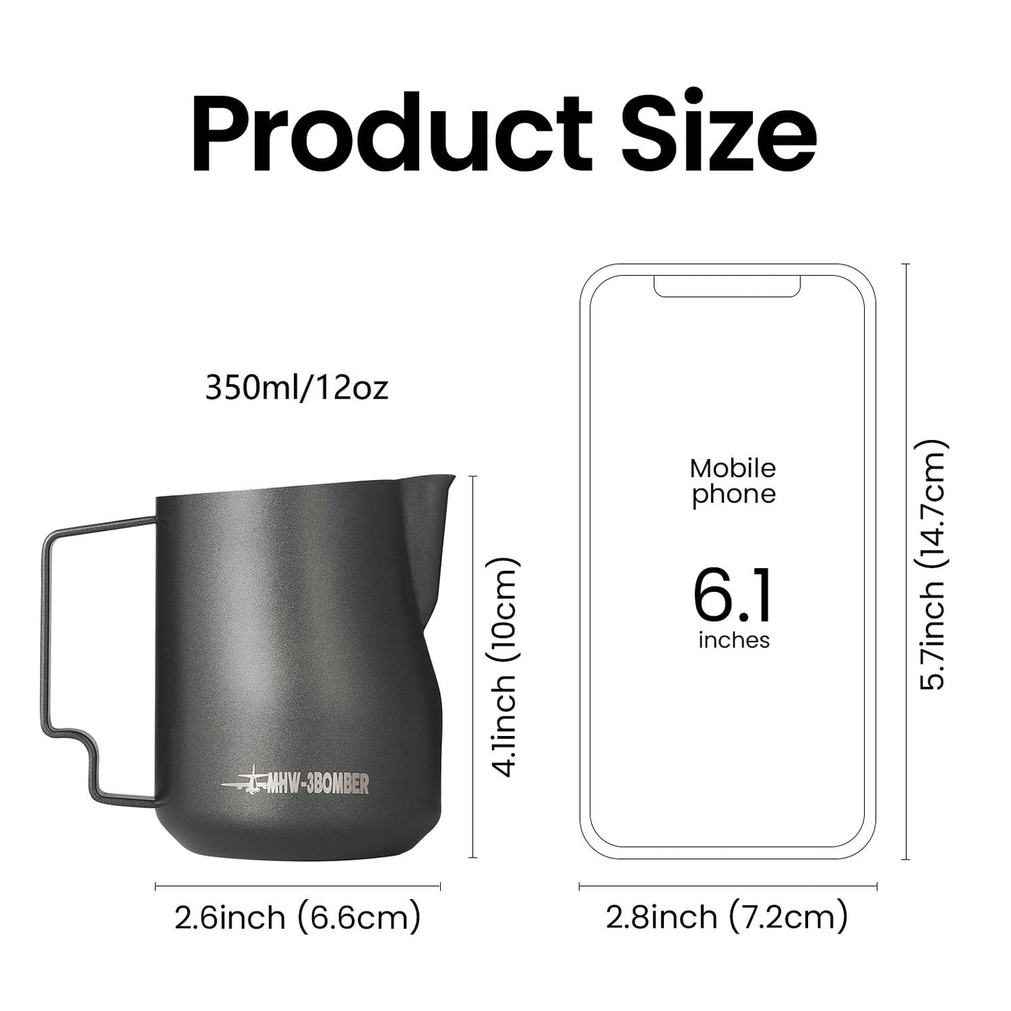 MHW-3BOMBER Milk Frothing Pitcher 12oz Milk Frother Cup Espresso Steaming Pitcher Stainless Steel Milk Frother Cup Barista Latte Art Round Spout Milk Jug, Black P6007MB-OS