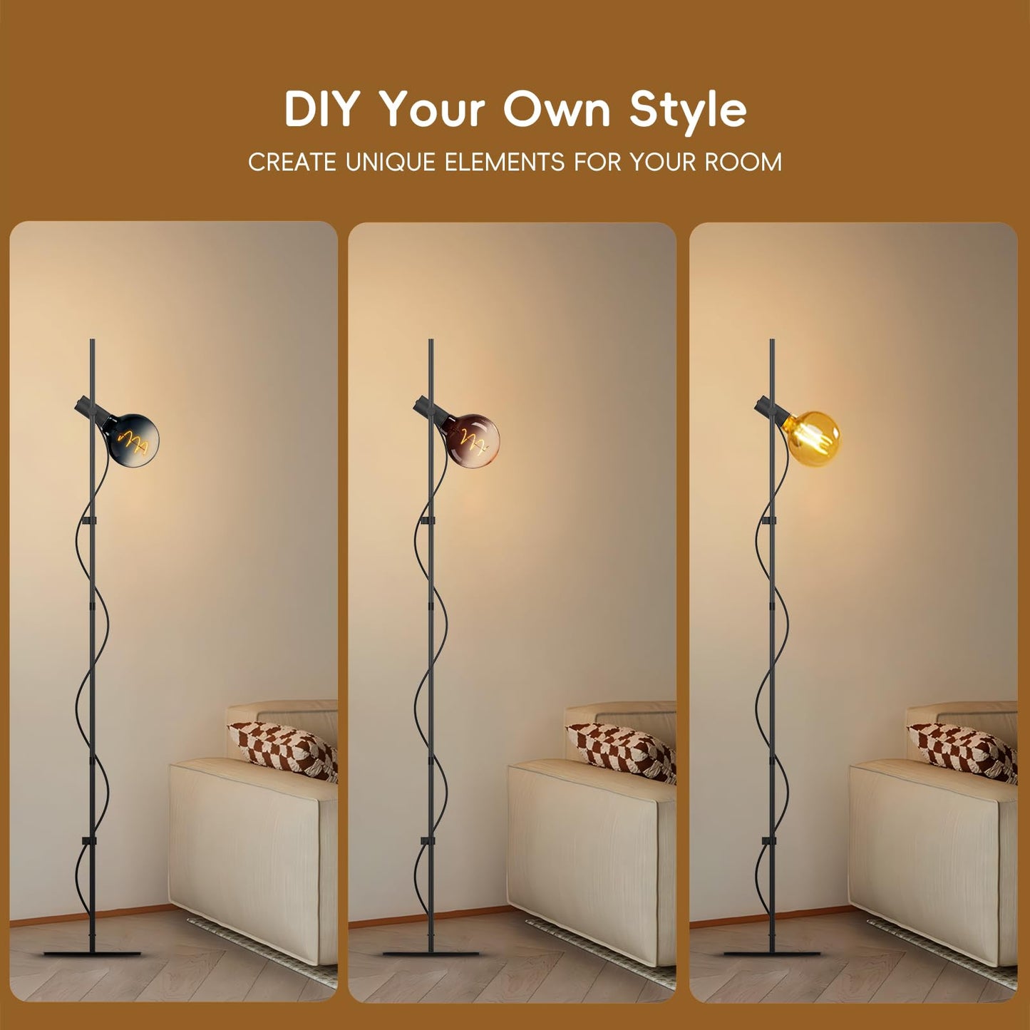 MOSLIAN Floor Lamp for Living Room,Adjustable Height&Dimmable&Rotatable lamp Head Standing Floor Lamp,2200K Warm Ambiant Lighting with Gradient Brown Bulb for Living Room,Bedroom (Bulb Included)