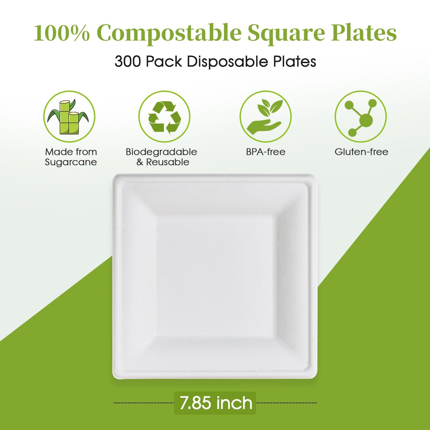 ECOLipak 7.85 Inch Compostable Square Paper Plates, 300 Count Heavy Duty Paper Plates, Eco Friendly Disposable Sugarcane for Party, Daily
