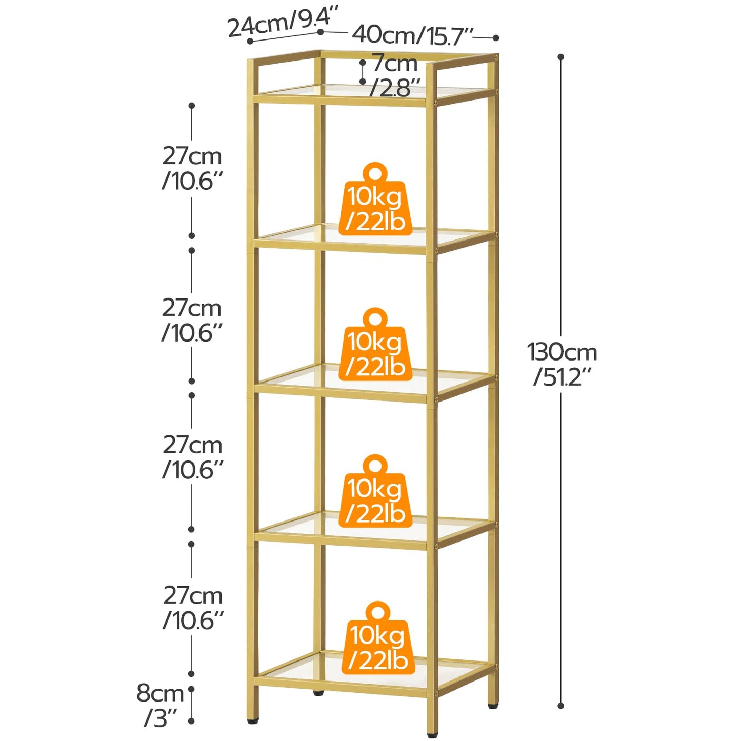 HOOBRO 5-Tier Gold Shelf, Narrow Book Shelf, Display Cabinet with Glass Bookcase, Corner Shelf Storage for Small Spaces, for Home Office, Living Room, Bedroom, Gold GD45SJ01