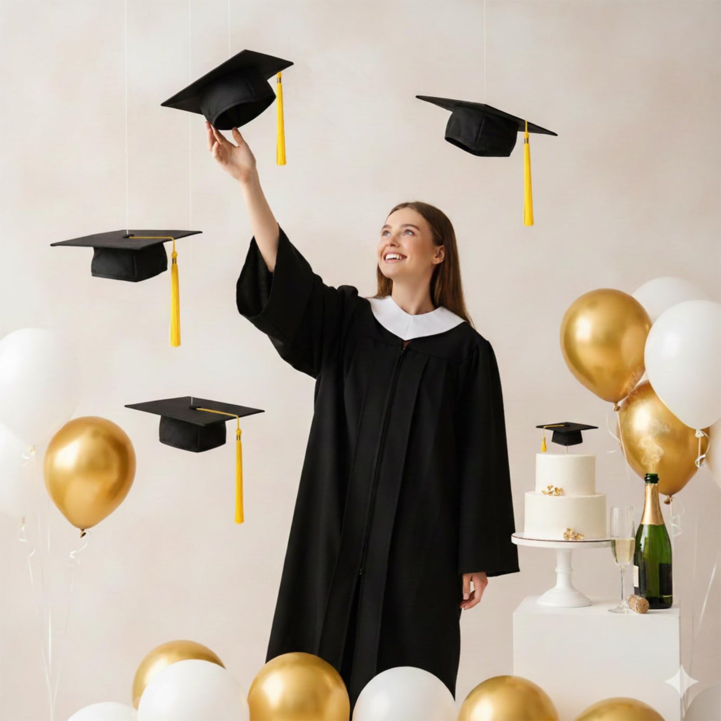 Hanging Graduation Caps Decorations Kits - 6 Class of 2026 Black with Gold Tassel Grad Party Decorations Floating Hats for Classroom, Home, Party Supplies
