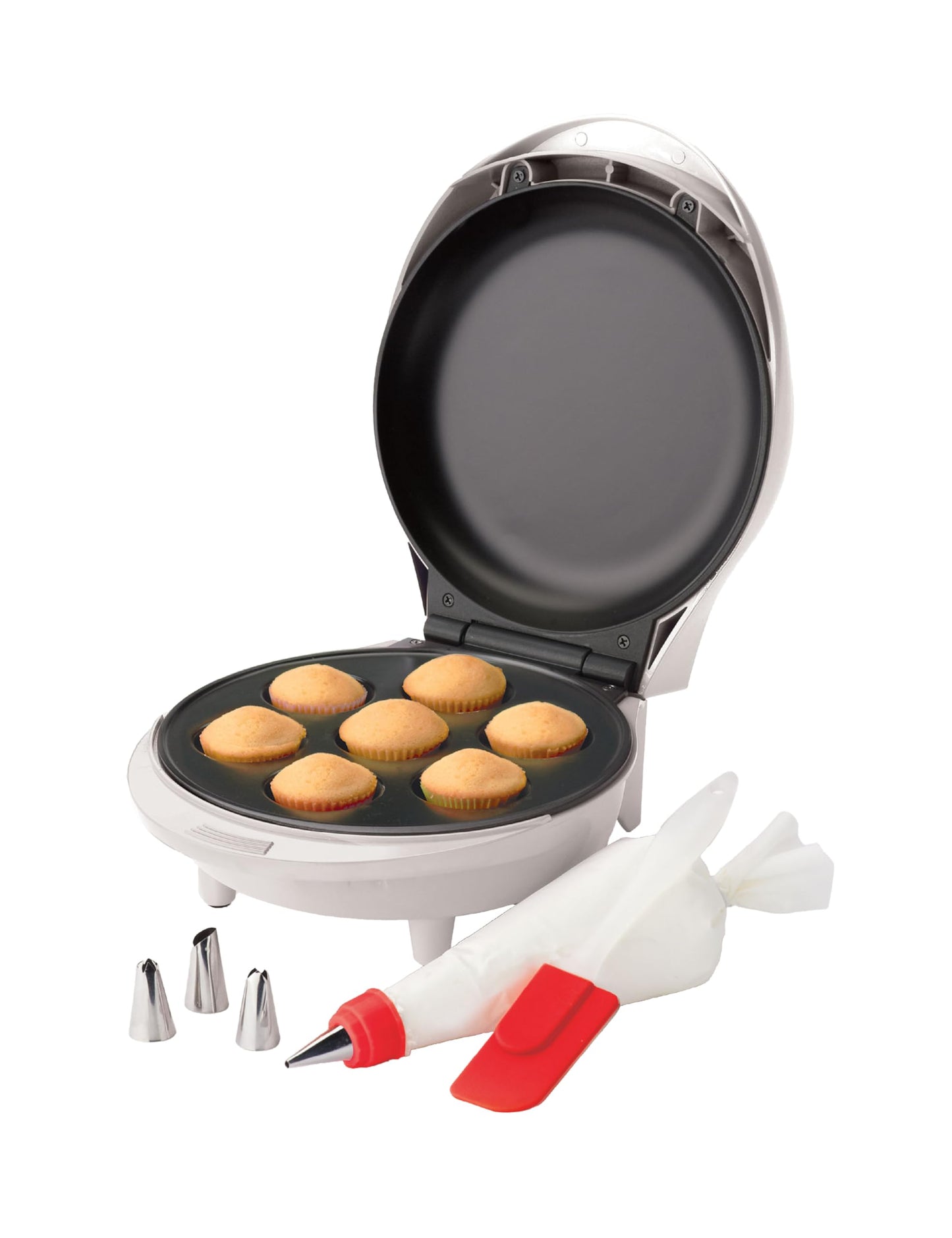 Betty Crocker Mini Cupcake Factory, with Nonstick Surface, Mini Cupcake Machine with Cool Touch Handle & Makes 7 Delicious Cupcakes in Minutes, Pink/White
