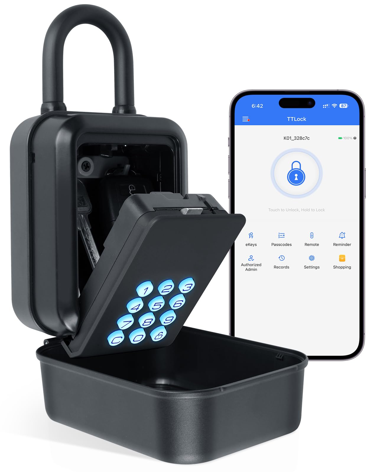 Prohomchoic Smart Lock Box for Keys, Bluetooth & PIN Code Unlock, APP Controlled Electronic Key Lockbox for Doorknobs Handles, Generate eKeys & Passcodes Remotely for Airbnb Rental Realtor (Portable)