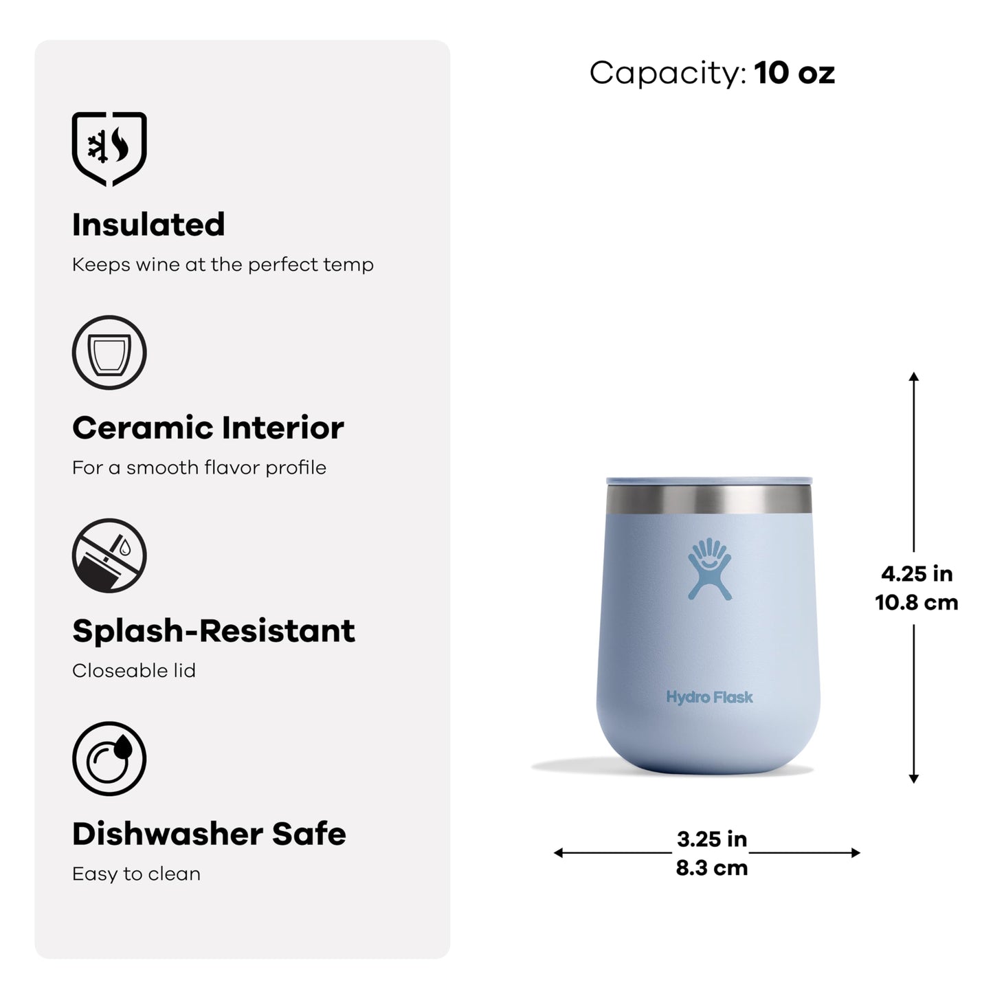Hydro Flask 10 Oz Wine Glass - Ceramic Stemless Wine Tumbler - Unbreakable with Lid in Shale Gray