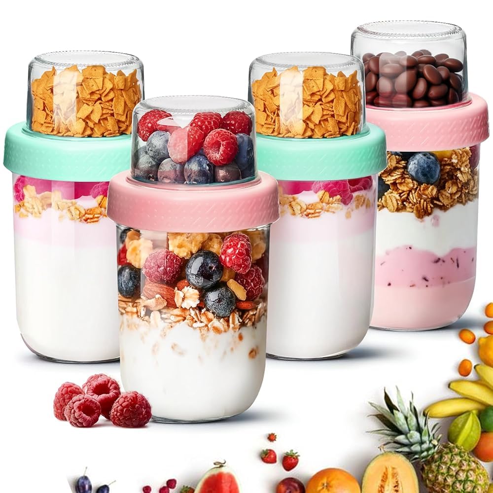 ComSaf Overnight Oats Containers with Lids (16oz+4oz, 4Pcs), Dual-Laryer Chia Pudding Jars with Dry and Wet Separation, Yogurt Parfait Cups for Oatmeal Cereal Nut Fruit, Meal Prep Glass Jars for Salad