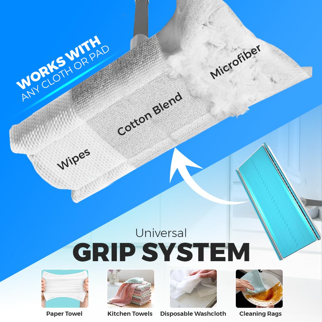 CleanMattix - FlexiClamp Sweep & Mop Kit - Compatible with Swiffer Pads, Durable Cleaning Tool for Hardwood, Tile, Marble & Laminate Floors, Home, Kitchen Cleaning Essentials. (Include 10 Dry Cloths)
