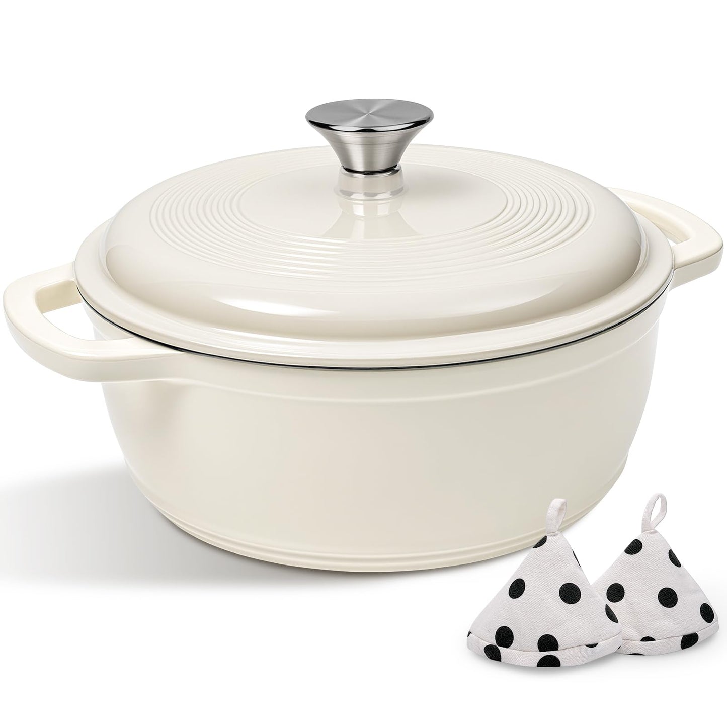 Enameled Cast Iron Dutch Oven Pot With Lid - AIVIKI 5QT Dutch Oven for Bread Baking With Cotton Potholders - Heavy-Duty Cookware for Braising, Stew, Roasting, Oven Safe up to 500°F, Cream White