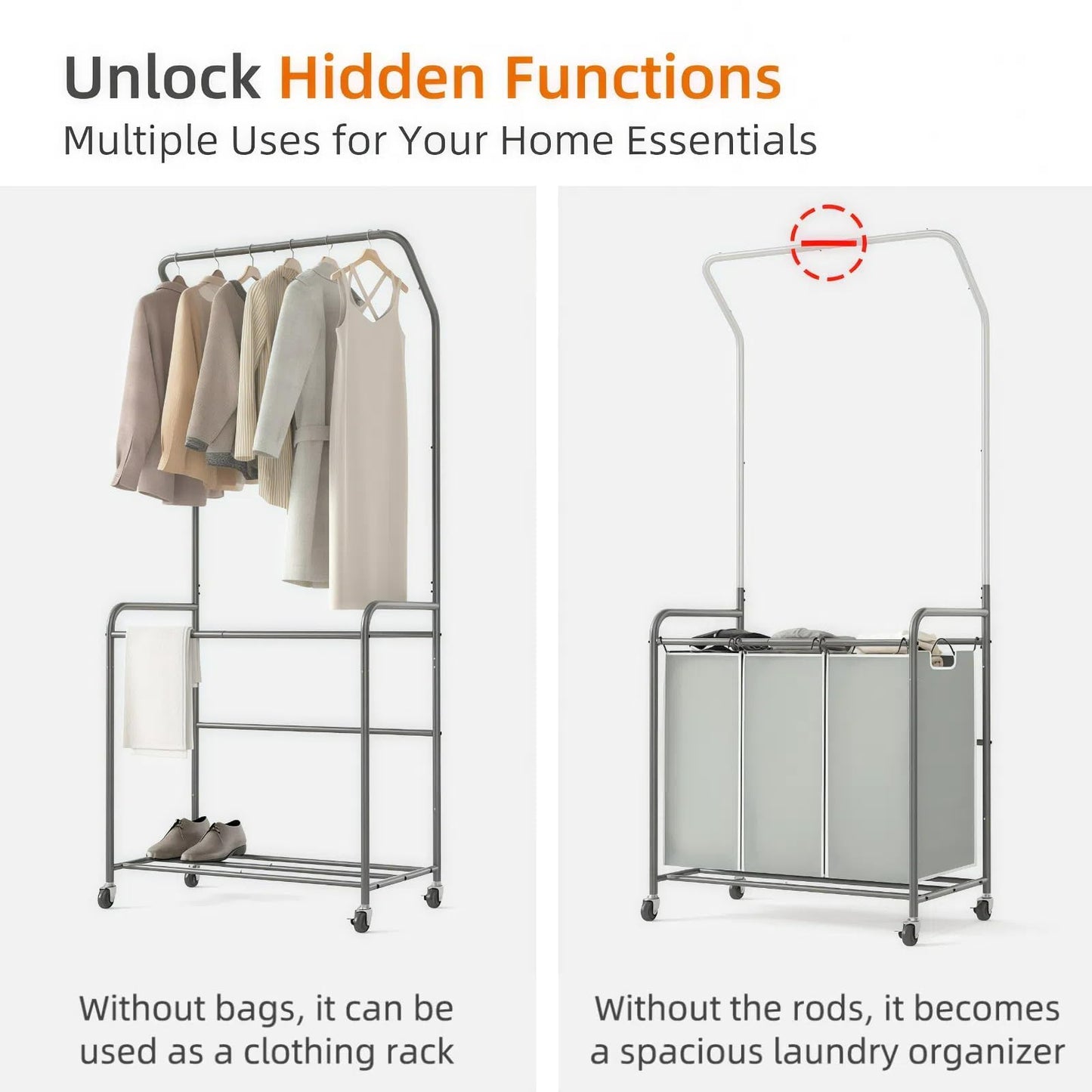 ROMOON Laundry Sorter Hamper with Hanging Bar, 3 Section Rolling Laundry Cart with Clothes Rack & Heavy-Duty Lockable Wheels, Divided Laundry Basket Organizer for Apartment & Small Spaces (135L Grey)