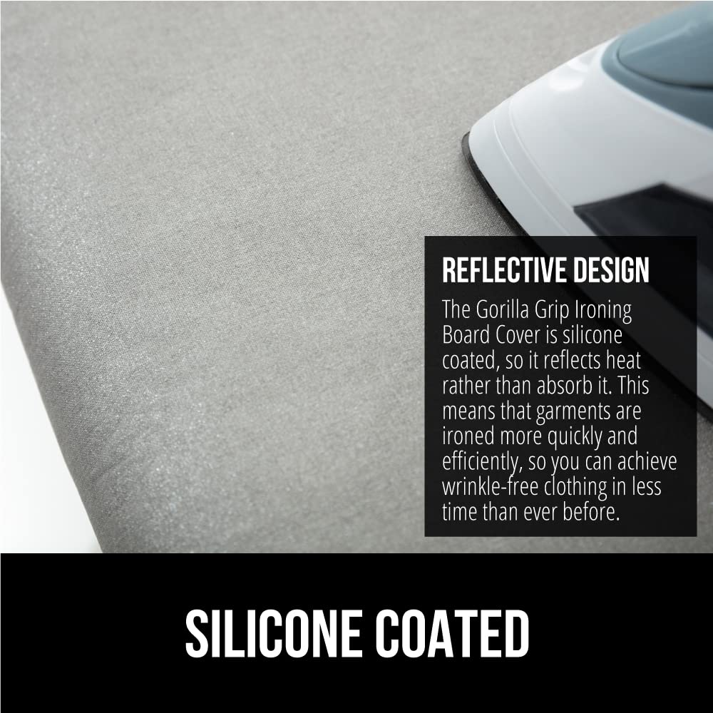 GORILLA GRIP The Original Ironing Board Cover and Pad, Silicone Coating, 400°F Scorch Resistant Thick Padding, Heavy Duty Iron Covers Standard Boards, Hook and Loop Fastener Strap, Silver 18x49
