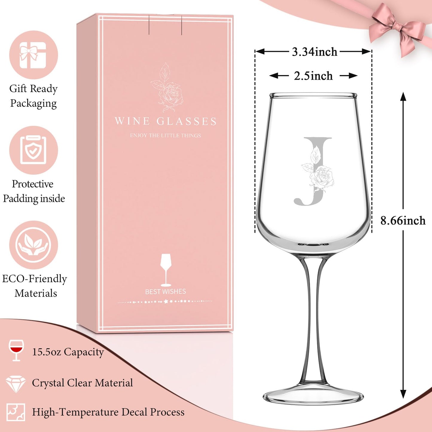 Mothers Day Gifts for Mom Grandma Wife Daughter Her, Personalized Initial Wine Glasses Custom Gift, Birthday Gifts for Women Mom Wife Best Friend Sister (J)