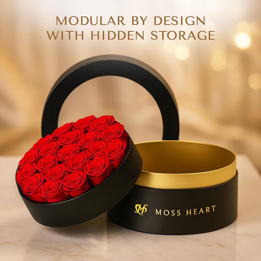 Moss Heart 20 Mini Preserved Roses, Round Luxury Gift Box, Real Forever Roses Last 1+ Year, Premium Romantic Gift for Women, Wife, Girlfriend, Mother’s Day, Birthday, Anniversary, Valentine’s Day