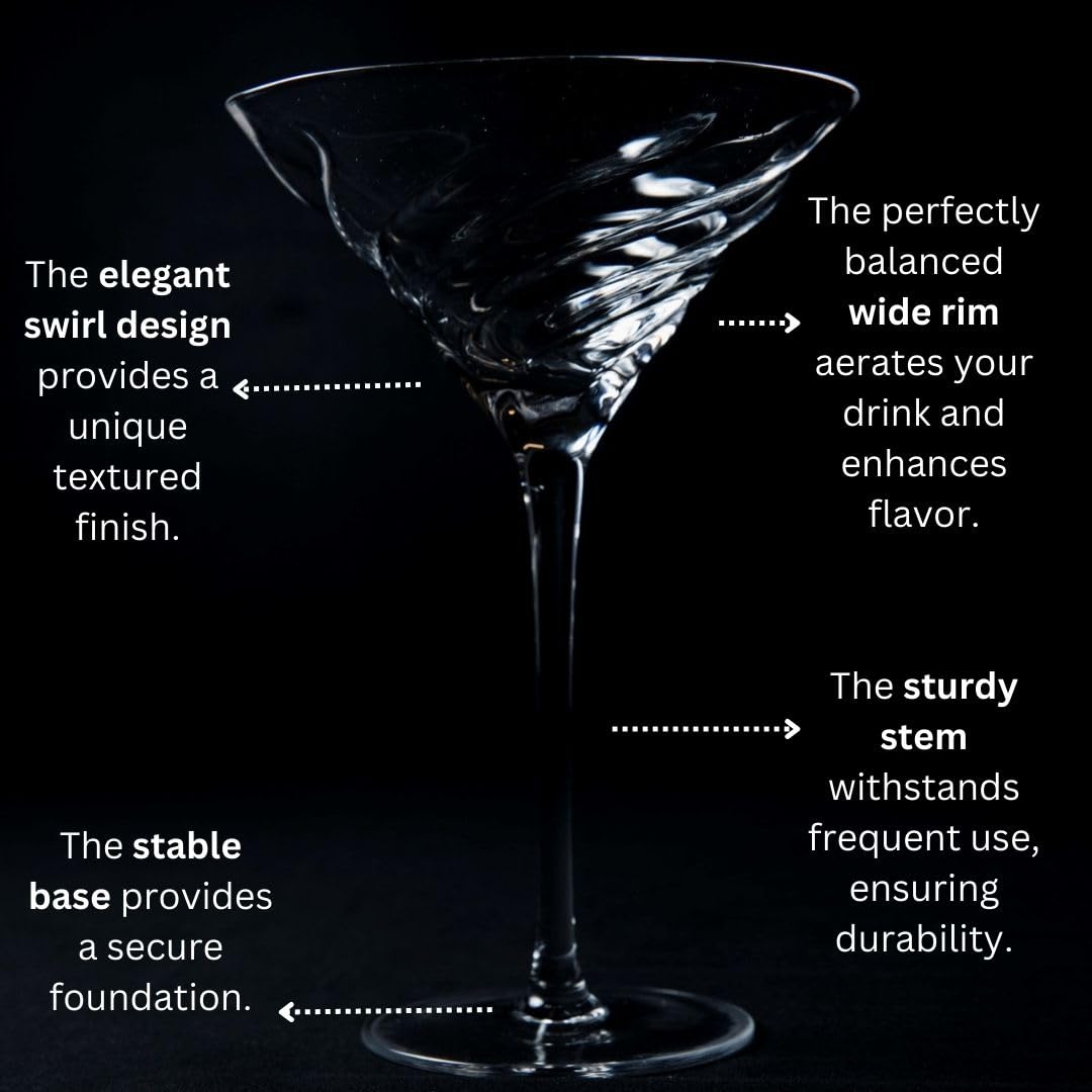 Vortex Martini Glasses Set of 2 – Premium Crystal Cocktail Glasses with Vortex Spiral Design, 8 oz Elegant Barware, Gift-Boxed for Mixologists & Cocktail Enthusiasts