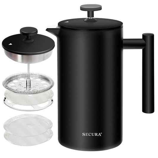 Secura French Press Coffee Maker, 304 Grade Stainless Steel Insulated Coffee Press with 2 Extra Screens, 34oz (1 Litre), Black
