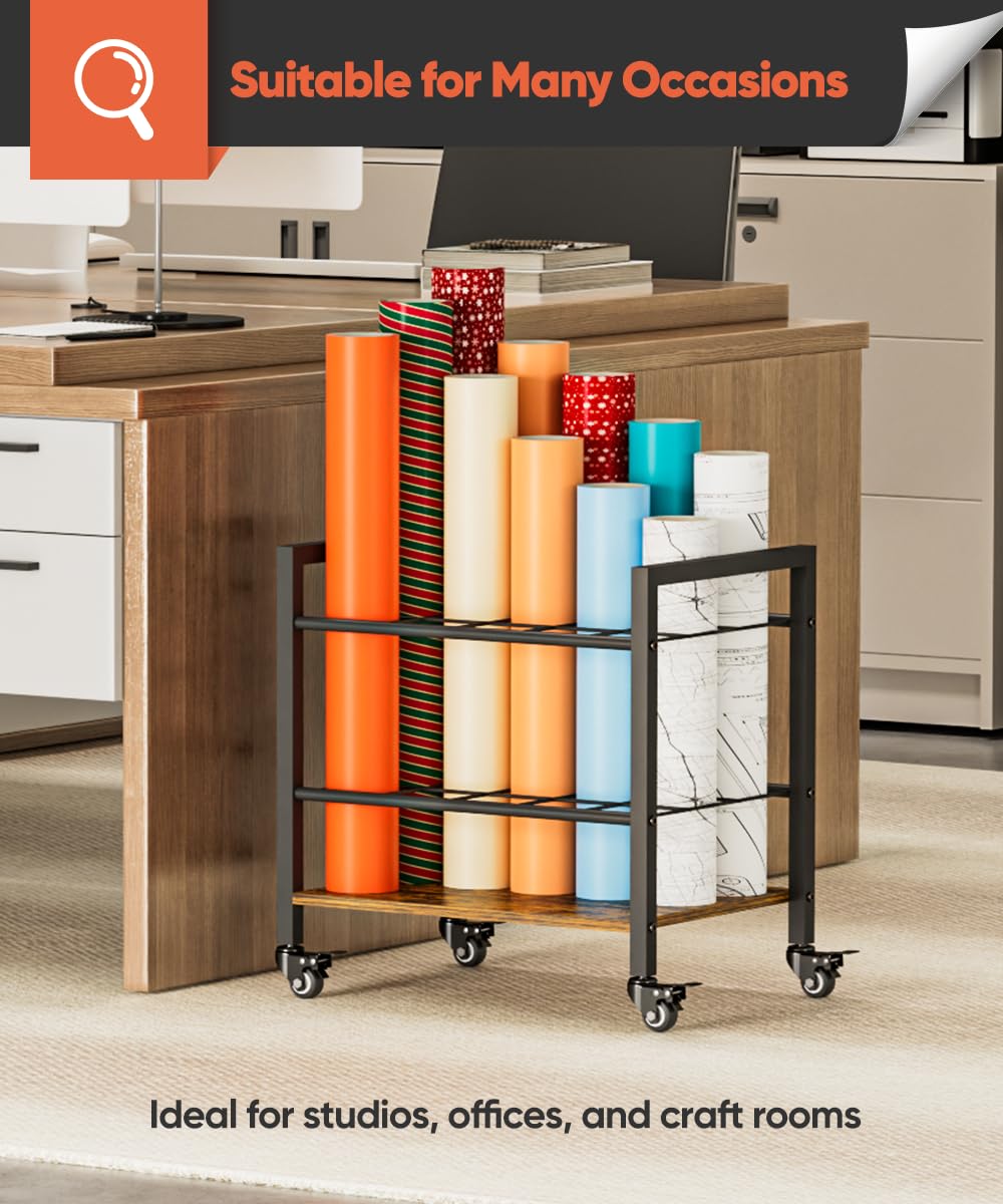 Tigerden Blueprint Storage Rack Cart, 15 Slots Metal Rolling File Holder with Wheels & Adjustable Pads, Mobile Gift Wrapping Paper Organizer for Maps/Posters/Architectural Construction Plans, Black