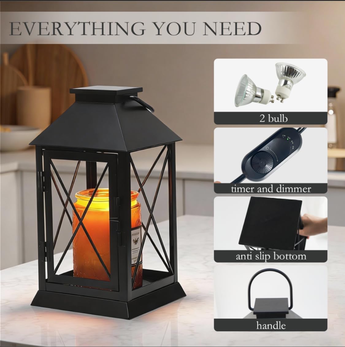 Aaffkaa Candle Warmer Lamp with Timer Dimmable,Compatible with 3 Wick Candle/Large Candle,Vintage Lamp Candle Warmer Lantern Farmhouse Style,Fully Enclosed Designed and Hanging Up-Black