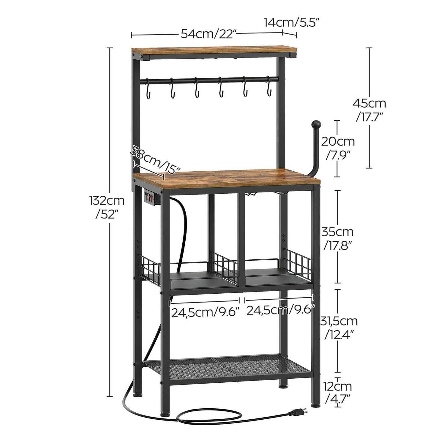 YATINEY Bakers Rack with Power Outlet, Microwave Stand with Paper Holder, Coffee Bar Station with Wine Glass Holder, 4-Tier Kitchen Storage Rack for Dining Room, Living Room, Rustic Brown HB02UBR