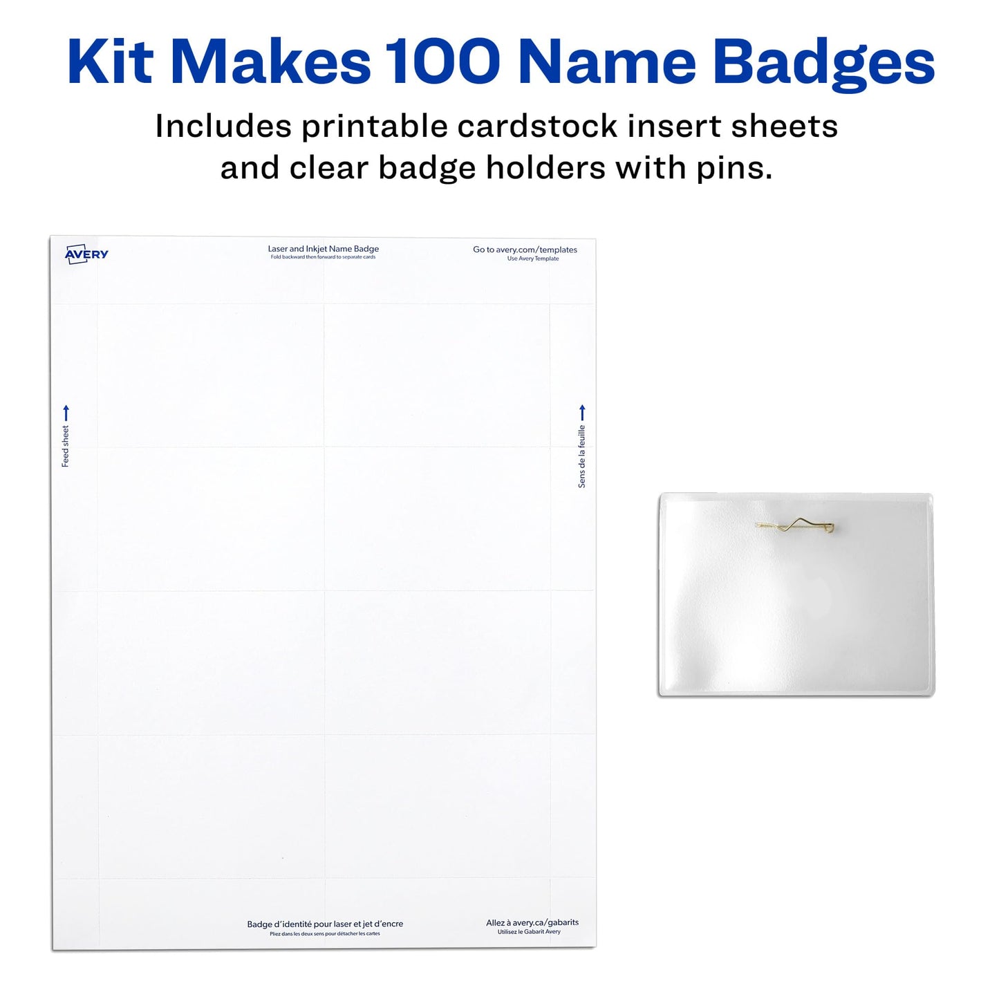 Avery Customizable Name Badges, Pin Style, 2.25" x 3.5", Clear Name Tag Holders, White Laser/Inkjet Printable Inserts, 100 Total (74549)