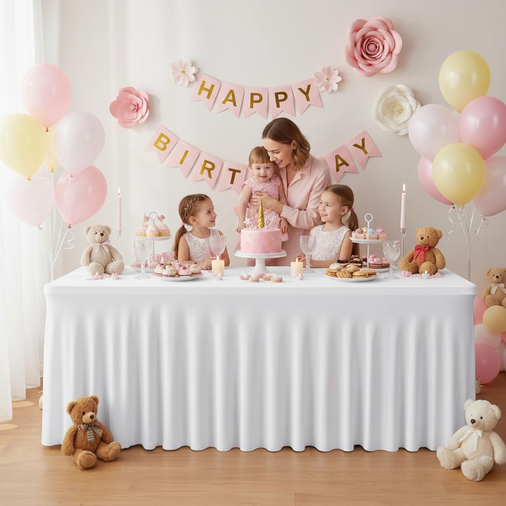 HolidayIdeas White 8ft Spandex Tablecloth 2 Pack Fitted Stretch Table Skirts 30x96 Inch, Wrinkle-Free Floor Length Polyester Table Cover for Weddings Parties Banquets Events