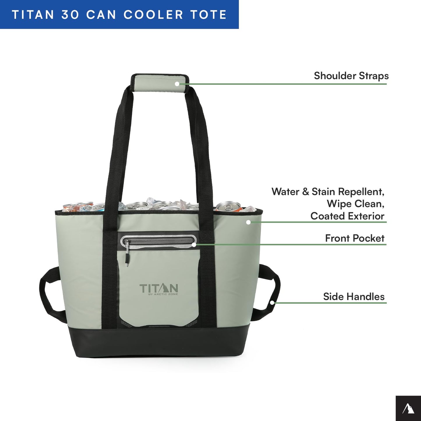 Titan by Arctic Zone Soft Sided Cooler Tote, Insulated Bag with Handle, Shoulder Strap, and Zipper for Lunch, Picnic, and Travel, 30 Can Capacity, Seagrass