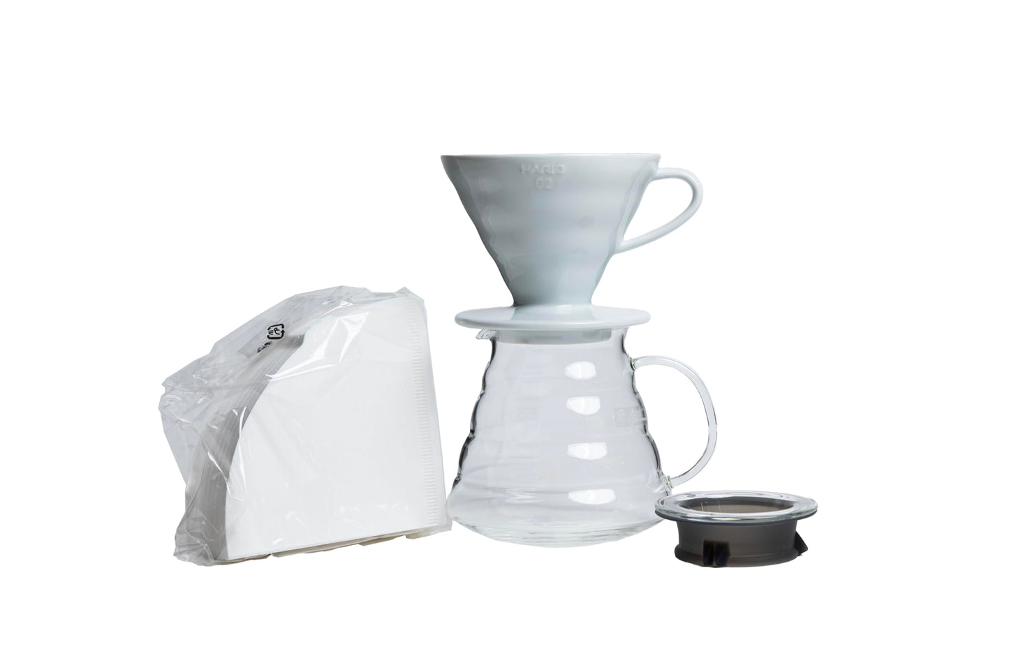 Hario V60 Coffee Pour Over Kit Bundle Set - Comes with Ceramic Dripper, Range Server Glass Pot, Measuring Spoon, and 100 Count Package of Hario 02W Coffee Filters