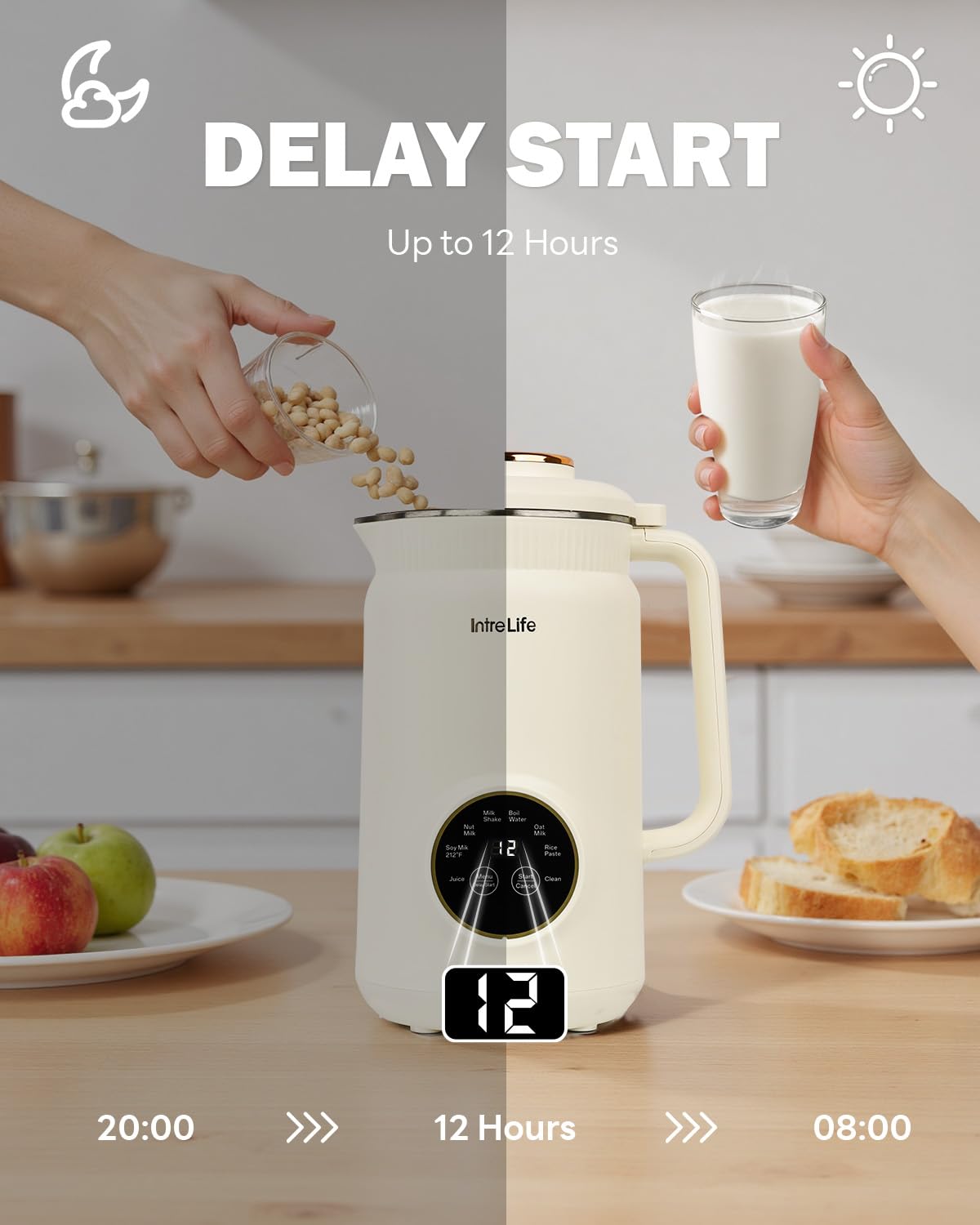 IntreLife 34 oz Nut Milk Maker Machine, 8 in 1 Soy Milk Maker with Nut Milk Bag, Plant Based Milk Maker for Almond, Oat, with Delay Start/Keep Warm/Self Cleaning, Cream