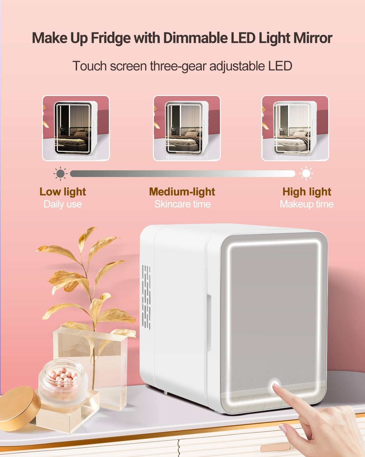 NISHCON Portable Mini Fridge for Skincare Beauty Cosmetic Makeup, 4-Liter Thermoelectric Cooling and Warming Skin Care Refrigerator With Mirrored Door and Dimmable LED Light, White