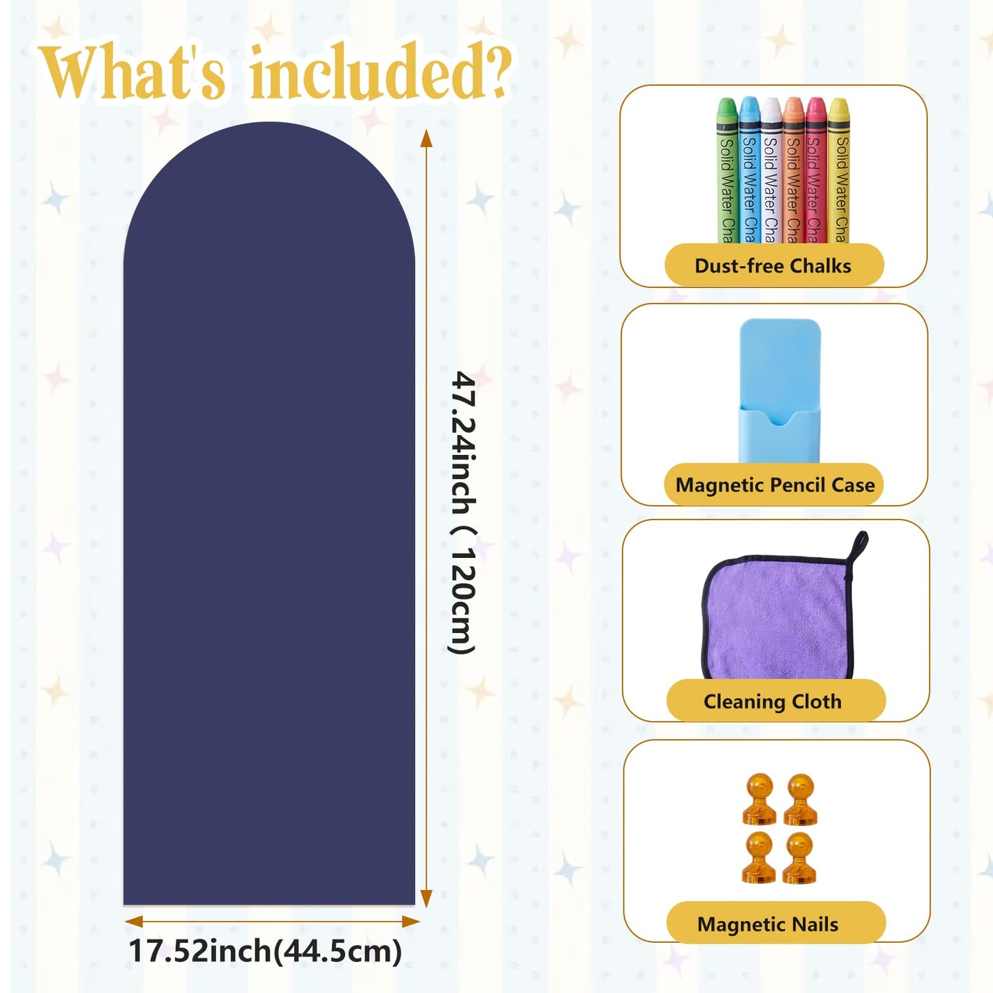 TJJINI Arch Magnetic Wall Decal 47.24" x 17.52", Magnetic Chalk Board Sticker, Magnet Chalkboard for Wall, Magnet Wallpaper Peel and Stick for Playroom Classroom with Chalks, Wiping Cloth (Navy Blue)