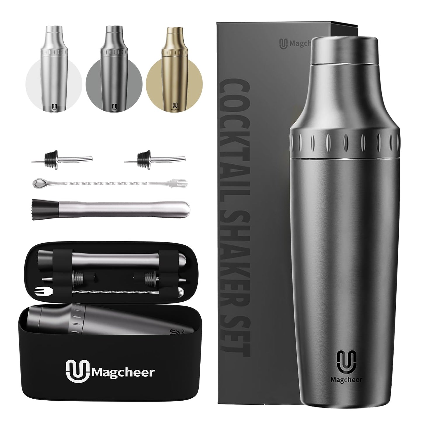 Magcheer Hybrid Cocktail Shaker Set | Vacuum Insulated Stainless Steel Martini Shaker with Strainer & Jigger Lid | Travel Cocktail kit with Bartender Accessory Tools | 30oz | Gunmetal Gray
