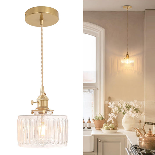 Shenmoyl Pendant Light with Clear Striped Glass Lmapshade, Brass Vintage Pendant Light Adjustable Hanging Light for Kitchen Island Dining Room Hallway