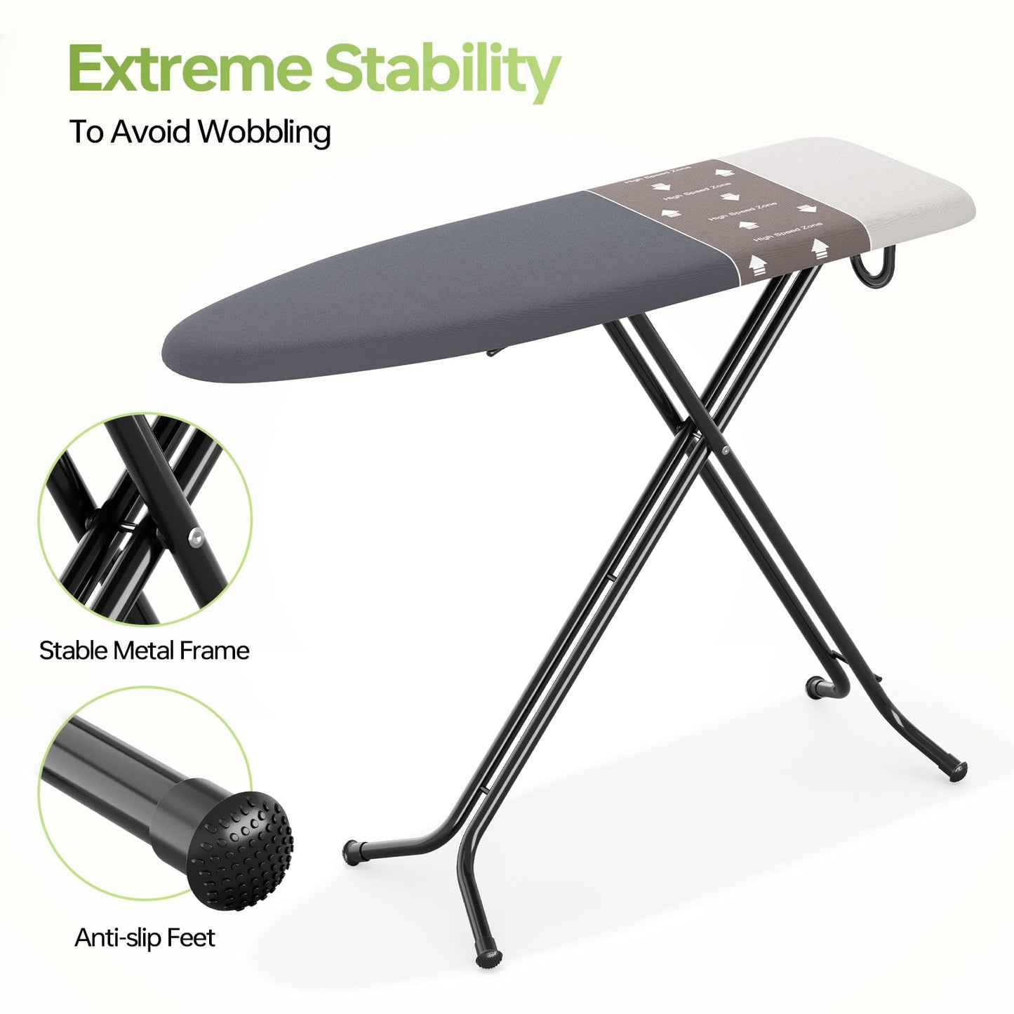 Foldable Ironing Board Standard Size, Iron Board Table Stand Foldable, Space-Saving Iron and Ironing Boards Set, Folding Ironing Boards Full Size with High Speed Zone and Hanging Hook 13”x43” Gray