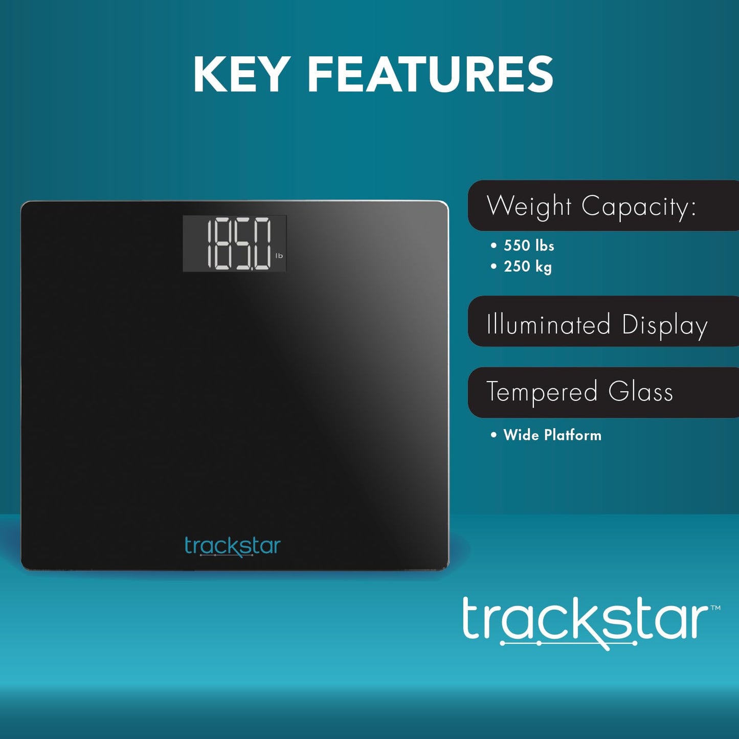 Trackstar Wide-Platform Black Digital Weight Scale | 550 lb Weight Capacity | Trackstar Monitoring App | Bluetooth iOS & Android Compatible | Measure, Track, and Share Results