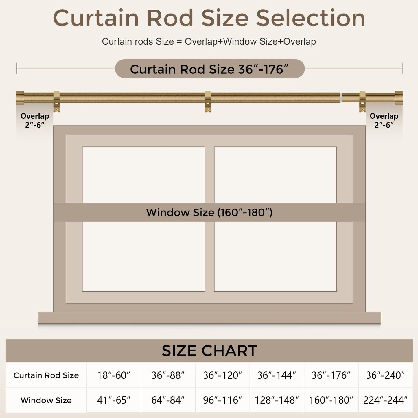 Warm Gold Curtain Rod 36 to 176 Inch, Extra Long Heavy Duty Brass Curtain Rods for Window, 1" Diameter Adjustable Window Treatment Rod with Aluminum Alloy Finials for Bedroom Living Room Kitchen