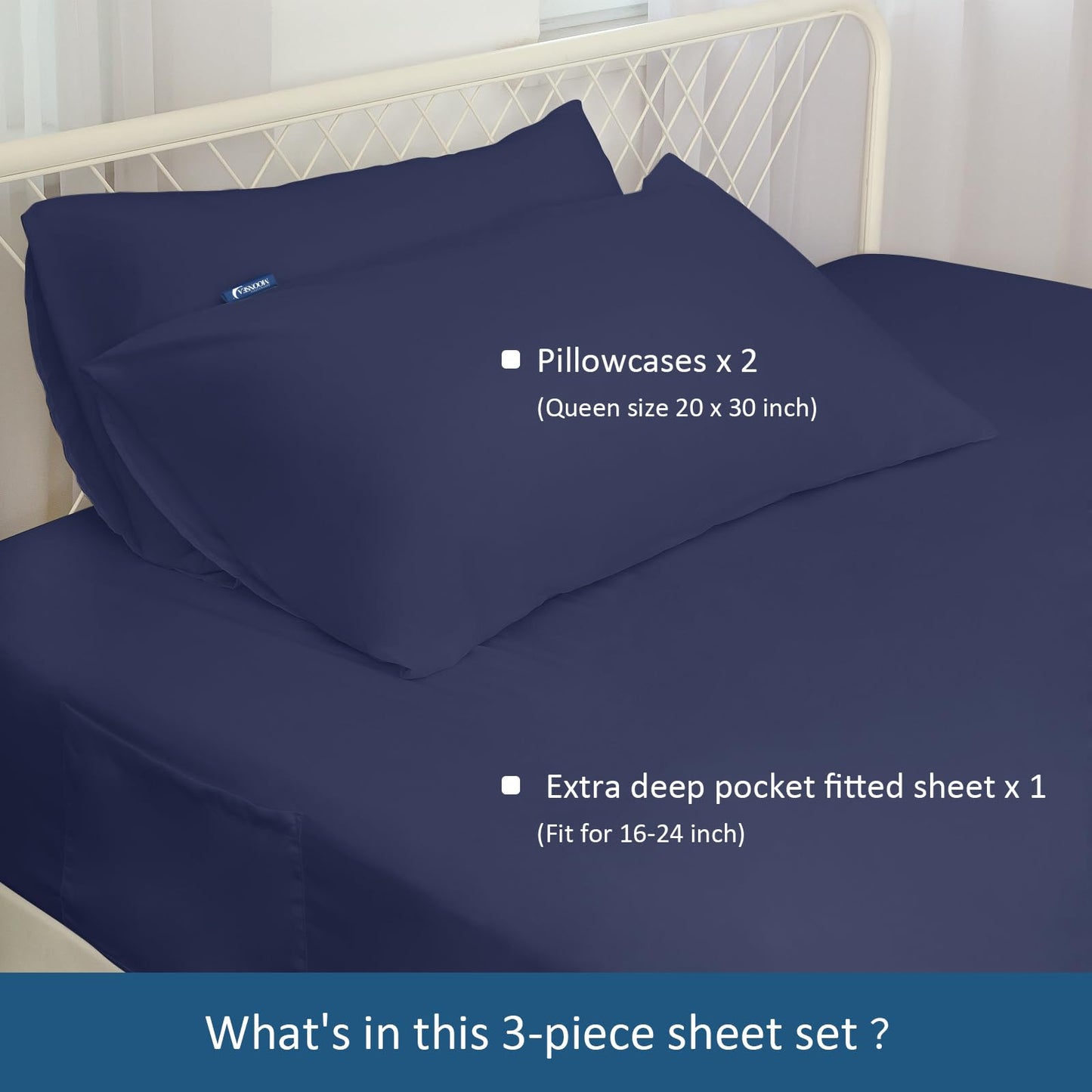 Moonsea Queen Sheet Set for Air Mattress - Sheets Queen Size Bed Set - 3Pcs Side Storage Pocket Fitted Sheet & Pillowcases Easily Fits 16in to 24in Pillow Top Air Bed Mattress - Navy Blue