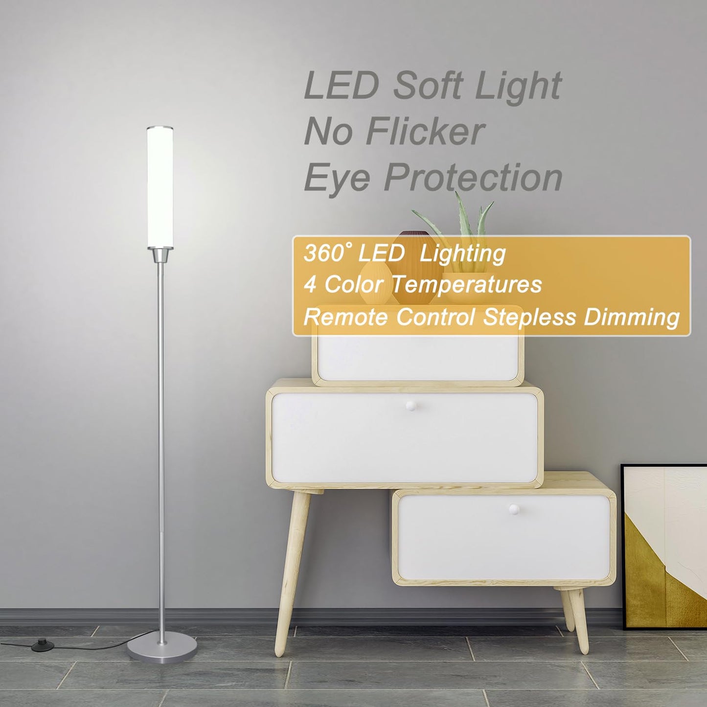 Nukanu Floor Lamp with Remote Control,Bright Floor Lamps for Living Room/Bedroom/Office, Stepless Adjustable 3000K-6000K Colors and 10-100% Brightness,Standing Light with Foot Switch (Nickel)