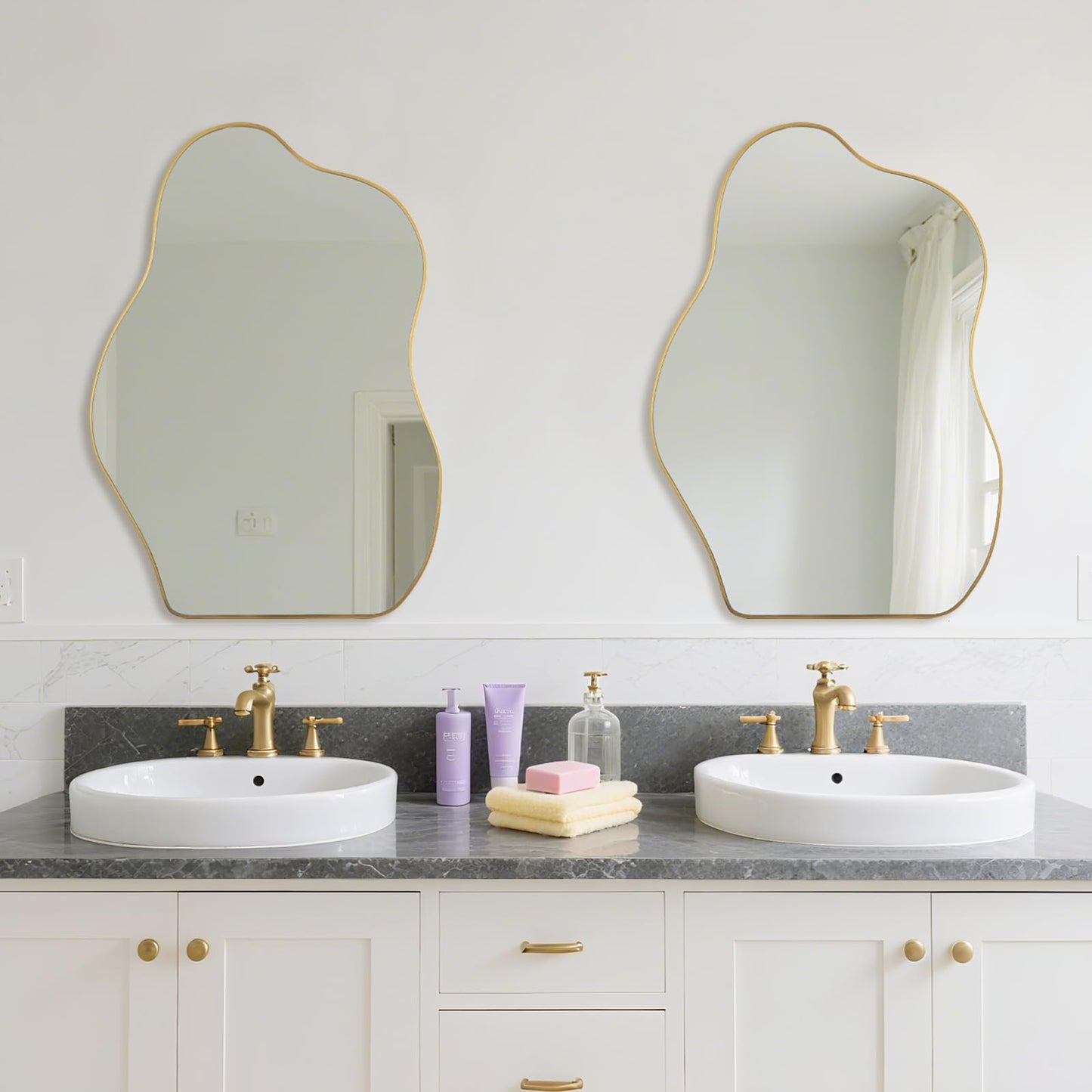 BOMINICA Irregular Wall Mirror Asymmetrical Mirror, Decorative Wall Mirror Golden Wood Framed, Wall Mounted Mirror for Bathroom Living Room Entryway Bedroom Hallway (Gold, 20" x 28")