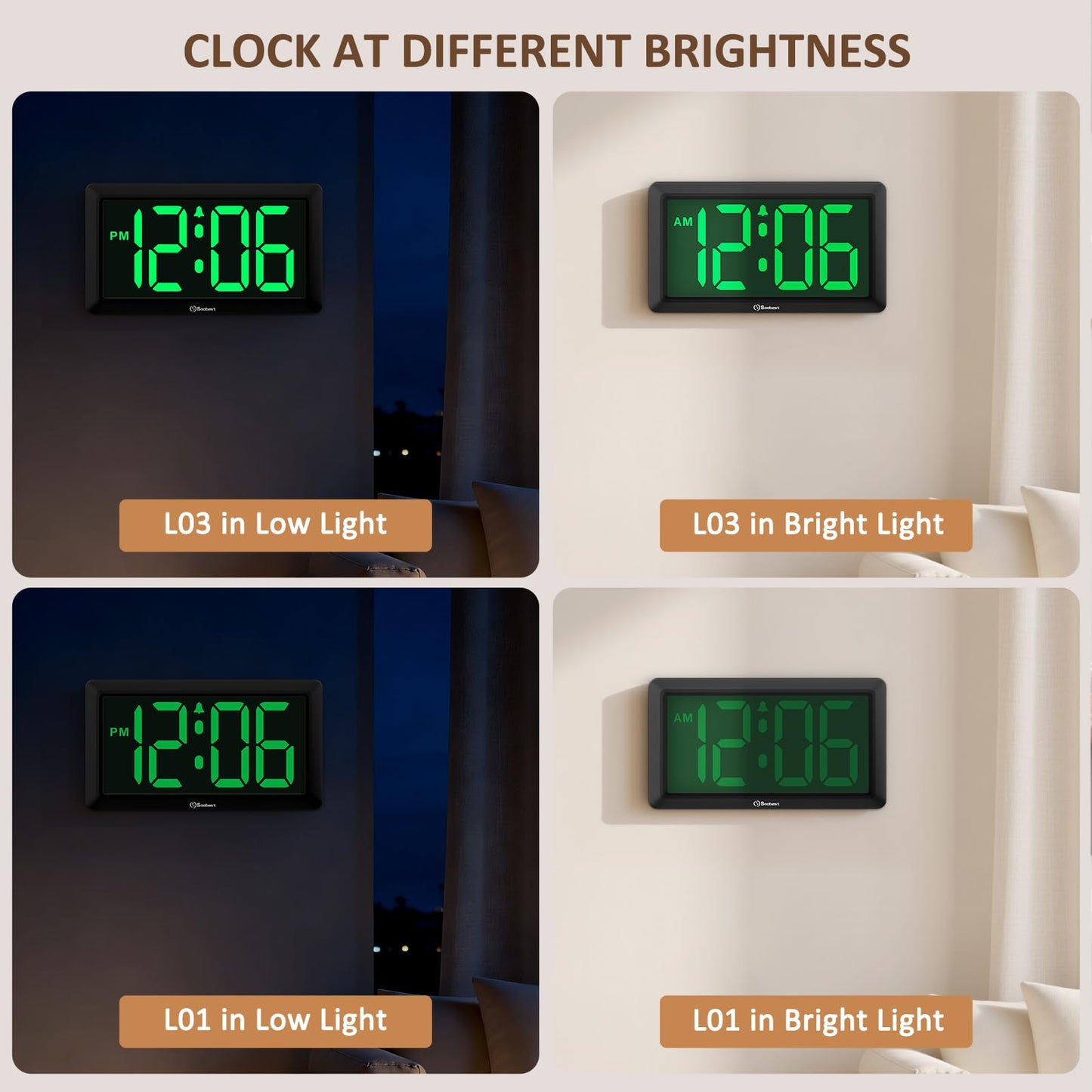 Soobest 9.5 Inch Large Digital Wall Clock Battery Operated, Auto & Manual Dimmer Display, Easy to Read Big Digits with Alarm for Seniors, Modern Decor for Living Room, Bedroom, Office (3.2" Numbers)