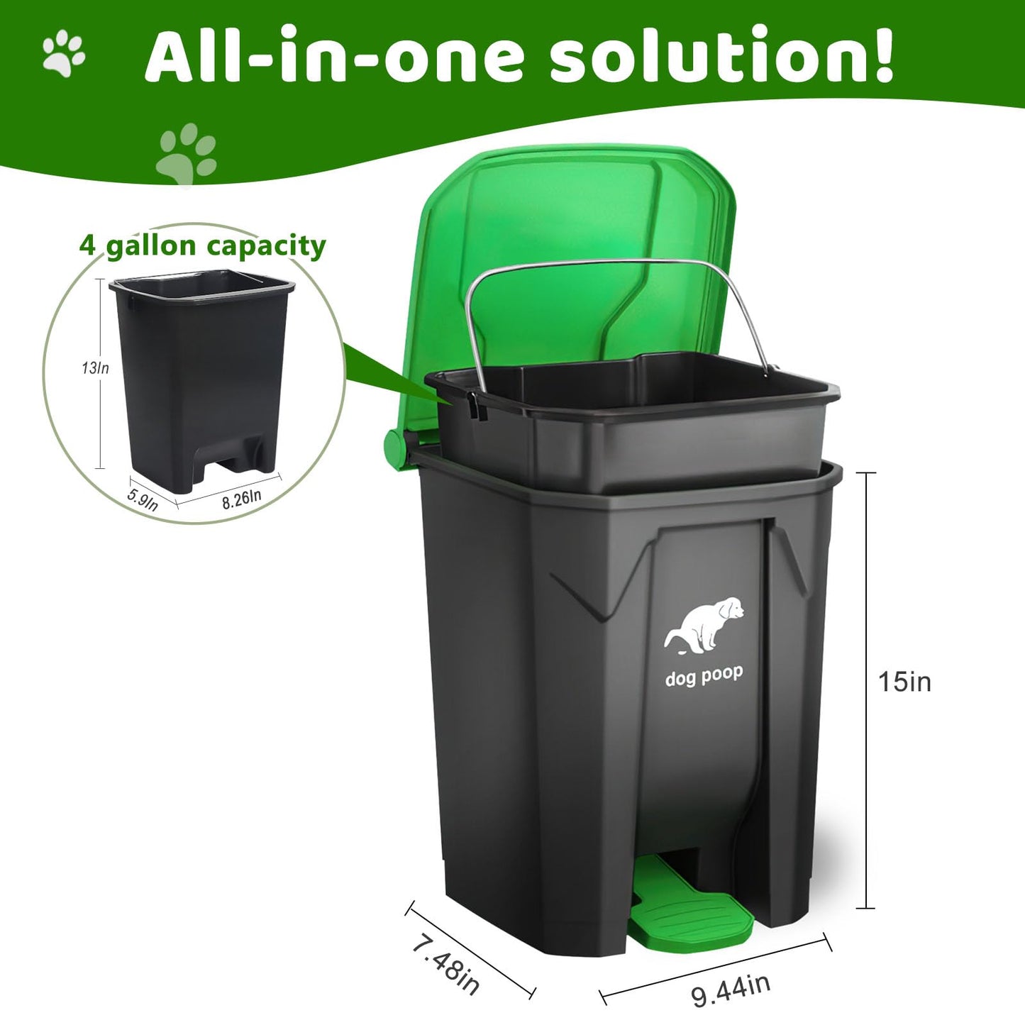Uppcasir Dog Poop Trash Can Outside, 20L/5Gallon Dog Waste Trash Can with Lid, Pedal and Removable Inner Waste Bin, Pet Poop Bucket with 100 Bags, Green