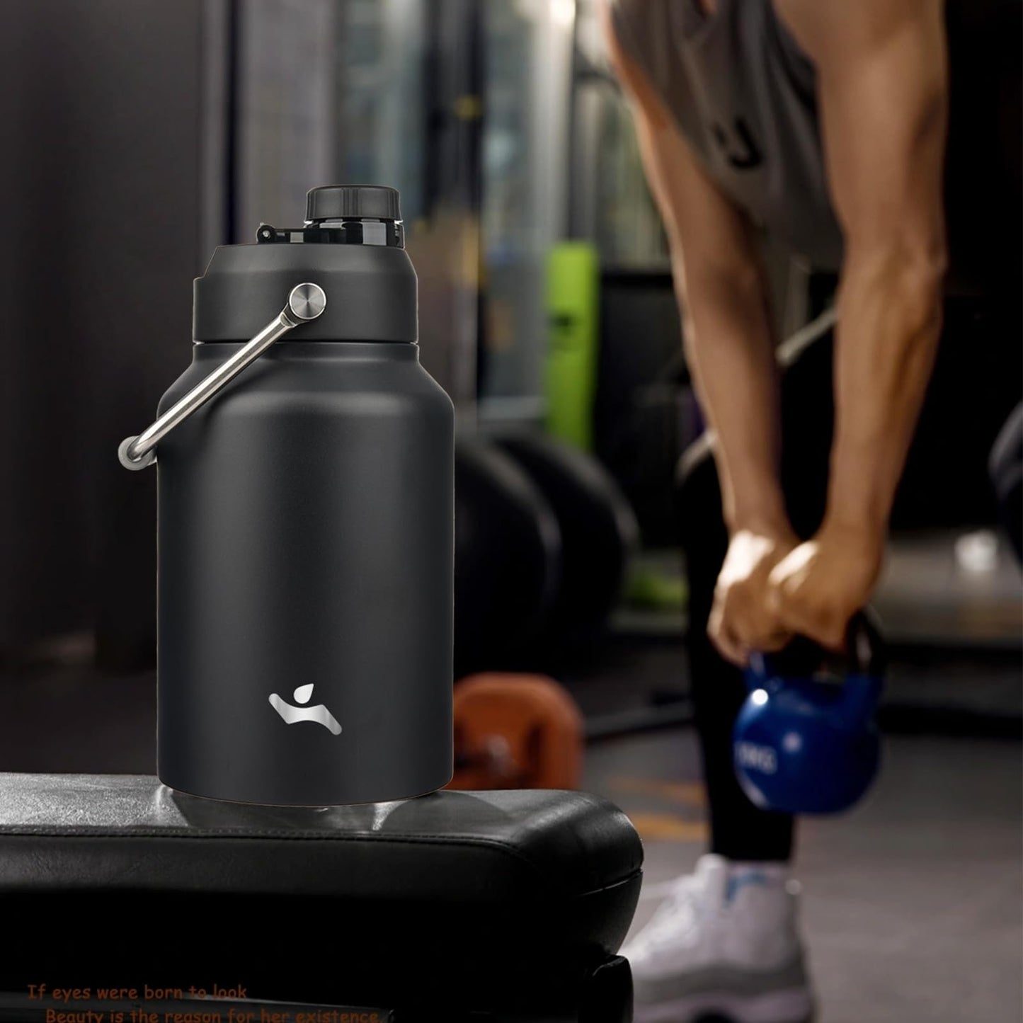 Konokyo Half Gallon Jug with Handle,64 oz Insulated Water Bottle with Carrying Pouch,Double Wall Vacuum Stainless Steel Metal Bottle,Black