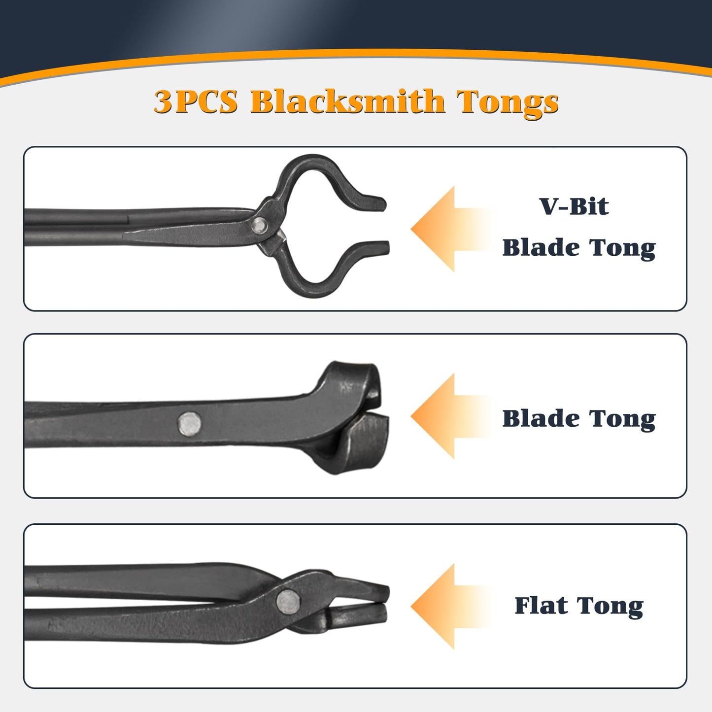 V-SEK Blacksmith Tongs Set - V-Bit Blade, Flat, and Assembled Tongs for Knife Making, Blacksmithing, and Bladesmithing (3PCS Steel Forge Tongs)