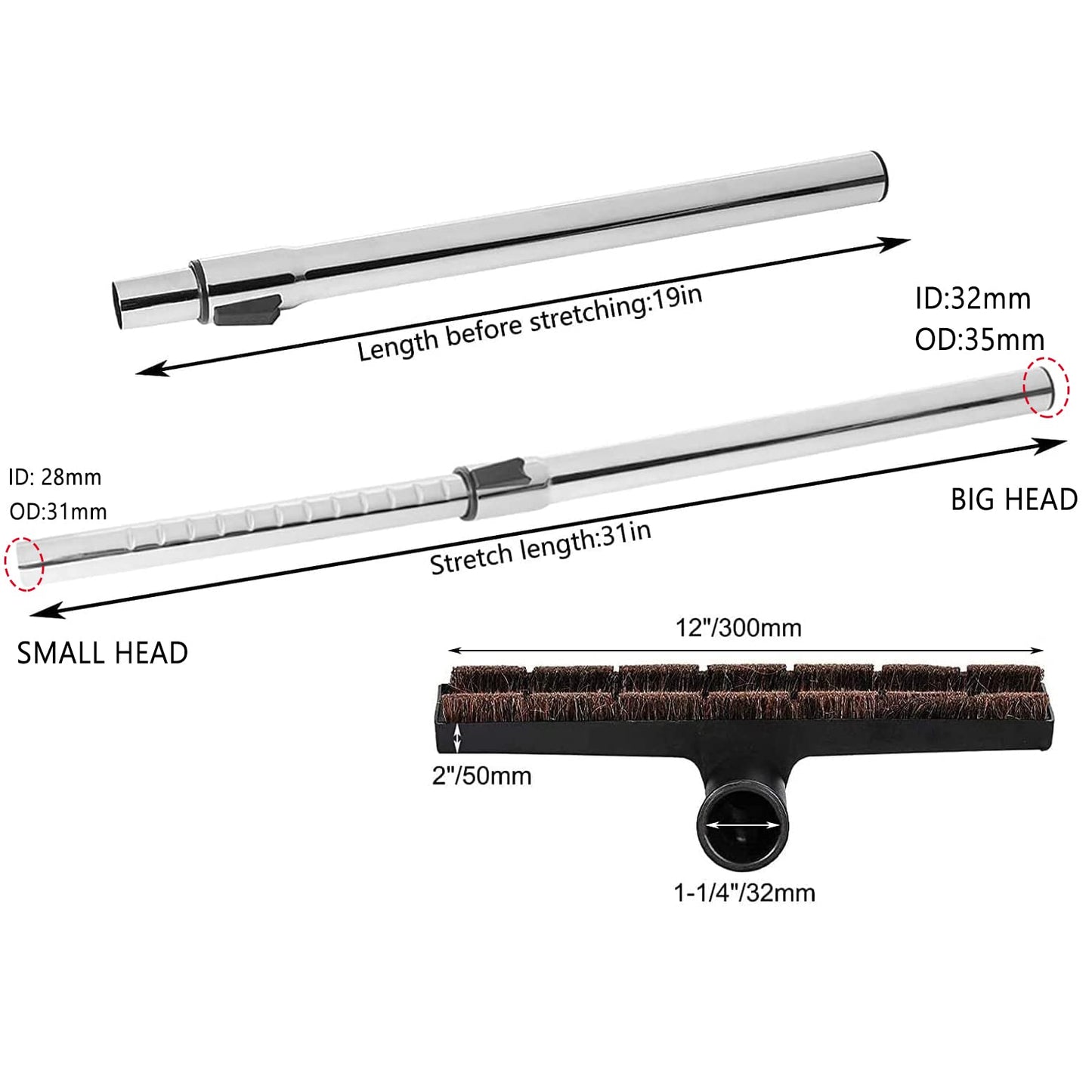 Eagles Hardwood Floor Brush with 1-1/4" Extension Wands Remplacement for most Vacuum Cleaner Accepting 1-1/4" Attachment
