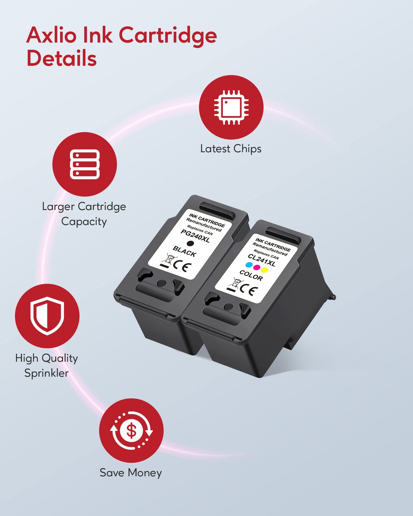 Axlio PG-240XL/CL-241XL Remanufactured Ink Cartridges Replacement for Canon 240 241, 240XL 241XL Combo Pack Use to Canon MG3620 TS5120 MG3520 MG2120 MX452 MX512 MX532 Printer (2 Pack)