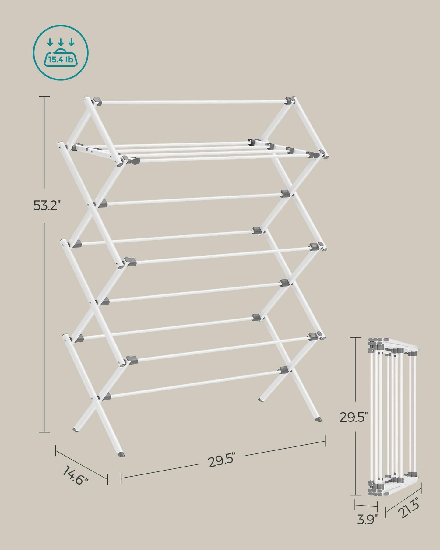 SONGMICS Foldable Clothes Drying Rack, Laundry Drying Rack, Clothes Airer, Steel Frame, 14.6 x 29.5 x 53.2 Inches, Easy Assembly, Indoor Outdoor Use, White ULLR770W01
