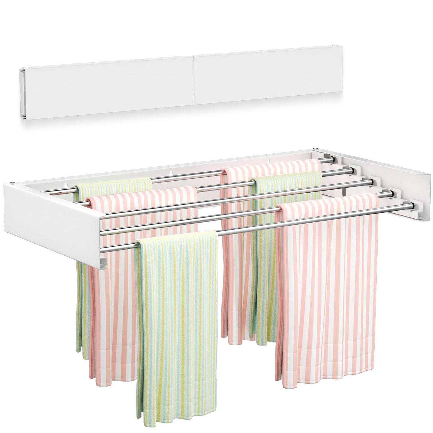 Vikaqi Wall Mounted Clothes Drying Rack 23.6", Foldable Wall Mount Laundry Rack Folding Indoor, Drying Rack Clothing Collapsible, Hidden Space Saver with Wall Template, 5 Rods, White