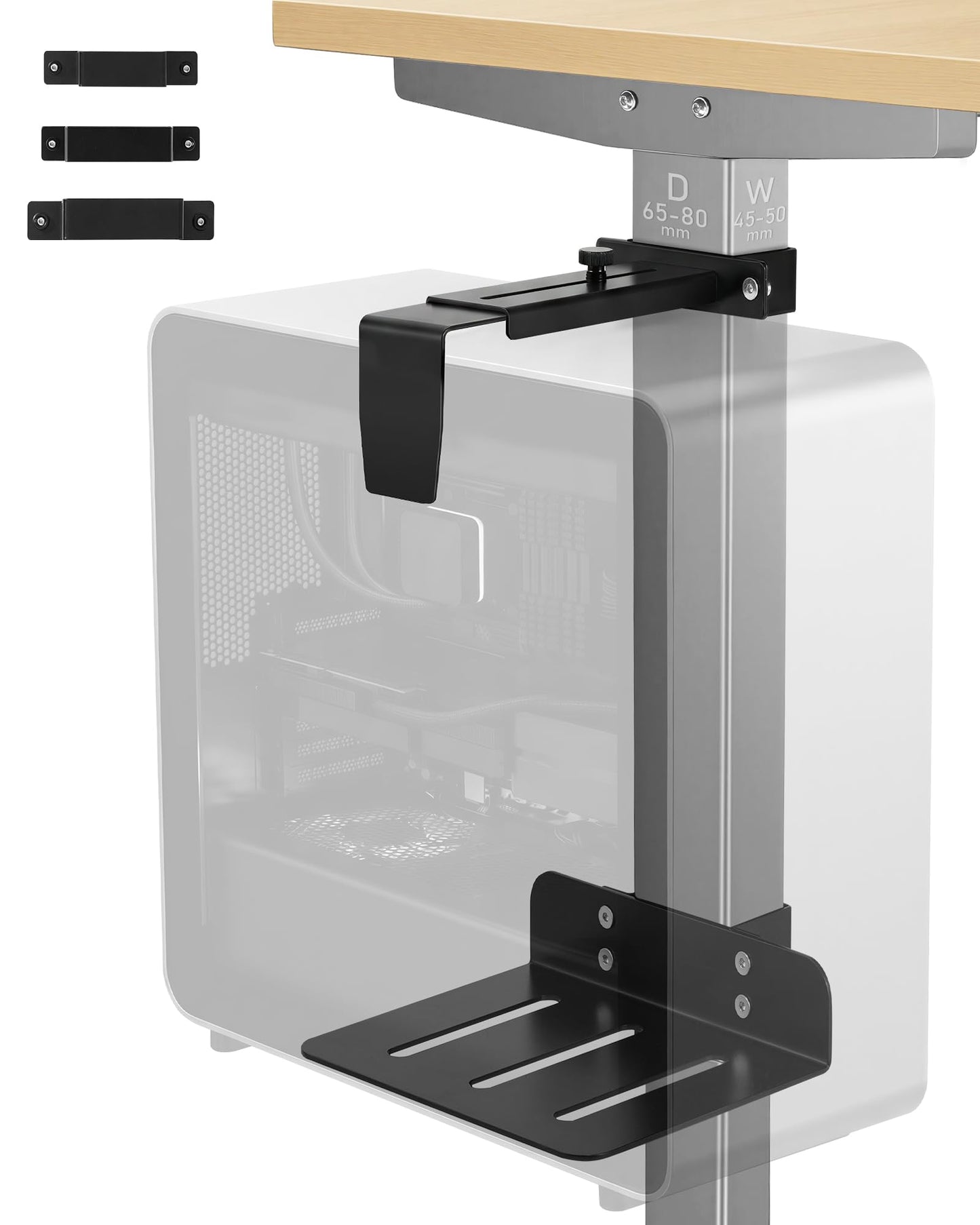 TOPSKY Adjustable Under-Desk PC Mount, No-Drill Computer CPU Holder for Standing Desks, Supports up to 50 lbs, Easy Installation, (Only Fits 80x50mm 75x45mm 65x45mm Desk Legs),Black