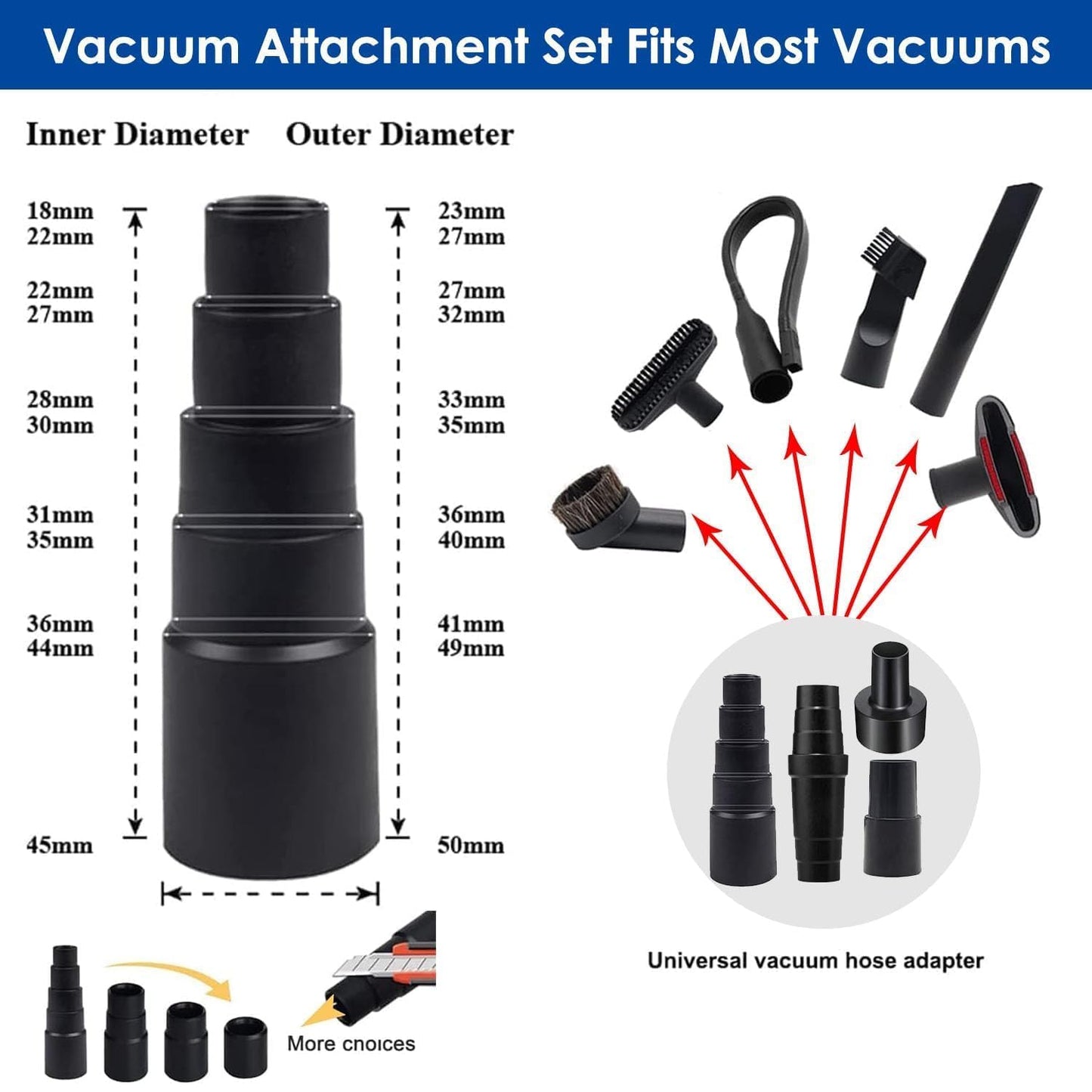 Alrens 14 PCS Universal Vacuum Attachments & Brushes Kit for Shop Vac Accessories & Household Cleaning, Includes 4 Vacuum Hose Adapters, 3 Vacuum Extension Wands & Flexible Crevice Tool