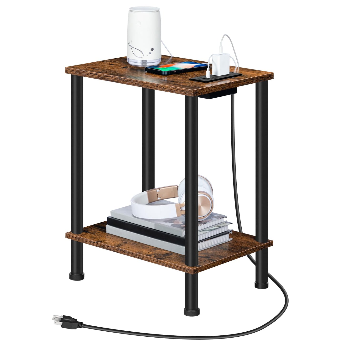 HOOBRO Side Table with Charging Station, Small End Table with USB Port and Outlet, Nightstand with 2-Layer Storage Shelves for Small Spaces, Living Room, Bedroom, Stable Frame, Rustic Brown BF09UBZ01