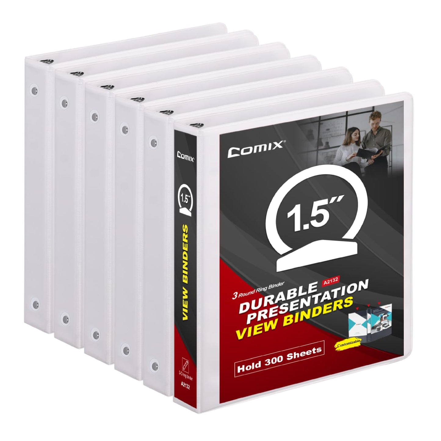 COMIX Sturdy 3 Ring Binder 1.5 inch with Clear View Cover, 1-1/2" Round Ring View Binder, PVC-Free, 2.4mm-Thick, 300 Sheets Capacity of US Letter Size Paper, Office ＆ School Supplies, 6 Pack (White)